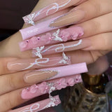 Qfdian  24Pcs Long Coffin False Nails Pink French Flowers Design Fake Nail with Butterfly Rhinestone Wearable Ballet Press on Nails