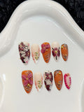 Qfdian  10Pcs Handmade Fake Nails With 3D Carved Petals Decor Almond Press on Nails Manicure Tool For Woman Detachable False Nails