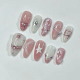 Qfdian 24Pcs 3D Green Ripple Design False Nails Cat's Eye French Almond Fake Nail Tips Leaves Pattern Removable Oval Press on Nails