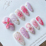 Qfdian 24pcs Wearable False Nail Strawberry Bow Design Nails Tips Red Short Almond Pearl Starlight Fake Nail Art Flower Press on Nails