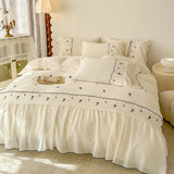 Qfdian  Korean Princess Style Lace Ruffles Rose Embroidery Wedding Bedding Set Duvet Cover Set Flat/Fitted Bed Sheet Pillowcases 4Pcs