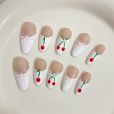 Qfdian 10Pcs White French Handmade Press On Nails Medium-Length Oval Fake Nails Solid Full Cover Cherry Bow Knot Design Manicure Art