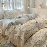 Qfdian  Floral print Korean style Princess Lace Bedding Set Duvet Cover Set Washed Cotton Flat Sheet set Queen For Girl Decor Home