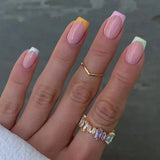 Qfdian 24Pcs Nude White French Fake Nail Short Square Nail Tips Fashion Wearable False Nails with Glue Simple Full Cover Press on Nails