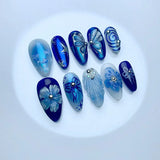 Qfdian  24pcs Press on Fake Nails Set Almond Wearable Simple French Flower False Nail Art Gold Beads Design Diamond Manicure Tips