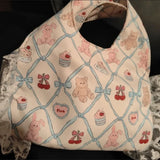 Qfdian Japanese Patchwork Lace Sweet Shoulder Underarm Bag Cartoon Kawaii Cute Bear Print Canvas Bags Y2k Fashion Purses and Handbags