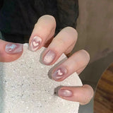 Qfdian  24Pcs Short Square Coffin False Nails Square Fake Nails with Glue French Glitter Wearable Acrylic Nails Set Press on Nail Tips
