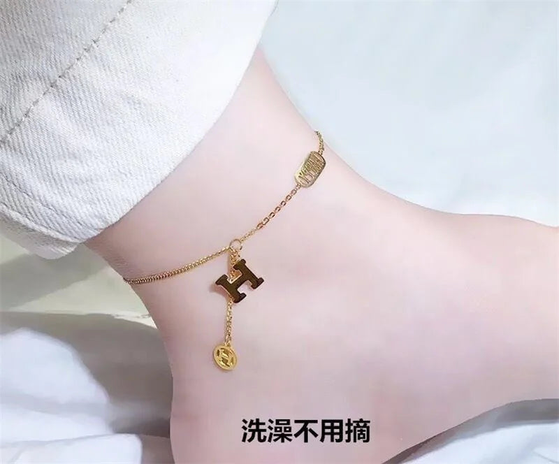 Anklets for Women Summer Beach Accessories Stainless Steel Initial Letter H Anklet Gold Color Leg Bracelets Body Chain Gifts