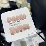Qfdian  10pcs 3D Strawberry Bow Press on Nails Sweet Cute Square False Nails Flowers Pearl Stick on Nails Cat Eye French Fake Nail Art