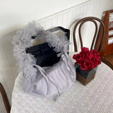 Sweet Y2k Aesthetic Drawstring Pleated Crossbody Bag Vintage Simple All Match Shoulder Bags Casual Ruffled Gauze Women Handbags