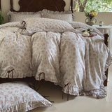 Qfdian 100% Cotton Pastoral Floral Print Ruffles Bow Princess Bedding Set Queen King Duvet Cover Set Bed Sheet/Fitted Sheet Pillowcases