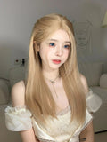 Qfdian 24Inch Blonde Golden Color Synthetic Wigs Middle Part Long Natural Straight Hair Wig for Women Daily Use Cosplay Heat Resistant