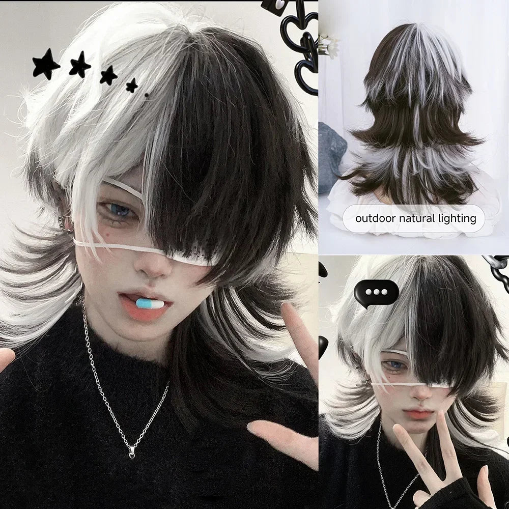 Qfdian 16Inch Black Highlight White Color Handsome Synthetic Wig With Bang Medium Natural Wavy Hair Wig for Man or Women Heat Resistant