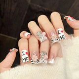Qfdian  10Pcs Sweet Cool Pink Flower Design Fake Nails Duckbilled French Handmade Press on Nails Heavy Metal European False Nail Tips