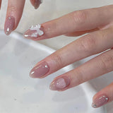 Qfdian 24Pcs Nude Pink Nail Tips Short Round Head False Nails with Design Wearable Finished Fake Nails Full Cover Press on Nails