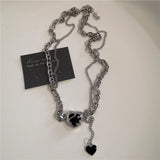 Qfdian  Punk Rock Black Heart Cross Pendant Chain Necklace For Men Women Cool Hip Hop Street Vintage 90s Y2K Grunge Goth Accessories