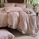 Qfdian 100% Cotton Pastoral Floral Print Ruffles Bow Princess Bedding Set Queen King Duvet Cover Set Bed Sheet/Fitted Sheet Pillowcases