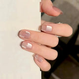 Qfdian  10pcs Light Pink Cat Eye Press on Nails Sparkle Minimalist Geometric Plaid False Nails Handmade Short Square Fake Nails for Girl