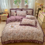 Qfdian  Korean Style Floral Double Gauze Bedding Set 3pcs/4pcs Soft Breathable Cotton Duvet Cover Sheet Girly Dorm Home Textile