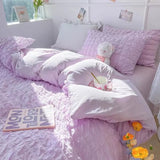 Qfdian  Princess Bedding Set  French Style Wash Cotton Solid Color Seersucker Summer Soft 2024New Bed Sheet Set Comforter Set