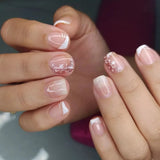 Qfdian  24Pcs Short Square Coffin False Nails Square Fake Nails with Glue French Glitter Wearable Acrylic Nails Set Press on Nail Tips