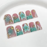 Qfdian  10pcs Ocean Style Fake Nails Duck Bill Press on Nails Set Handmade 3D Flowers Pearl Nail Art Gradient Blush French False Nails