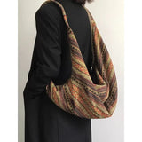 Qfdian  Vintage Y2k Aesthetic Grunge Women Handbags High-capacity Harajuku Striped Canvas Underarm Bag Luxury Design Shoulder Tote Bags