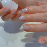 Qfdian 24Pcs Simple False Nails with Glue Short Almond Fake Nails Glitter Aurora Round Head Full Cover Nail Tips Oval Press on Nails