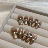 Qfdian 10 pcs Luxury Handmade Press on Nails Middle French with Rhinestone Design False Nails Wearable Manicure Nail Tips Art