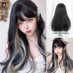 Qfdian 24Inch Black Highlight Flaxen Color Synthetic Wigs With Bang Long Natural Straight Hair Wig For Women Daily Use Heat Resistant