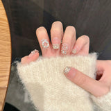 Qfdian 10Pcs French Shiny Handmade Press On Nails Short Ballerina Artificial Cat Eye Bow Pearl Design Fake Nails Wearable Manicure Nail