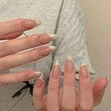 Qfdian 10Pcs Handmade Press on Nails Full Cover Rhinestone Decoration French Almond Ballet Artificial False Nails Manicure Nail Tip