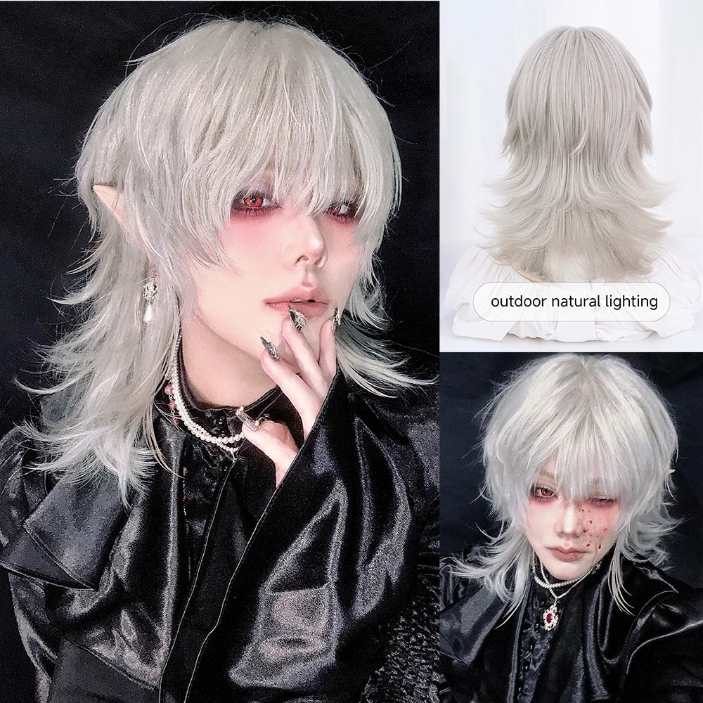 Qfdian 16Inch Silver White Color Handsome Synthetic Wig With Bang Medium Natural Wavy Hair Wig for Man or Women Cosplay Heat Resistant