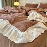 Qfdian  ‌Korean-Style Red Plaid Washed Bedding Set - Vintage Lace Trim 4-Piece/3-Piece Dorm Sheet & Duvet Cover Set