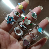 Qfdian Korean Fashion Cute Heart apple Star Geometric Open Metal Ring For Women Y2K Gothic Creative Charm Grunge Jewelry Accessories