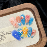 Qfdian  10pcs Handmade Press On Nails 3D Colorful Summer Sea Starfish Designs False Nail Patches For Women  Wearable Almond Fake Nails