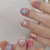 Qfdian 24Pcs Simple False Nails with Glue Short Almond Fake Nails Glitter Aurora Round Head Full Cover Nail Tips Oval Press on Nails