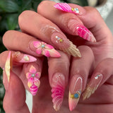 Qfdian  24Pcs Mid-length 3D Flowers Design Fingertips Sweet Butterfly Yellow Ripple Almond False Nails Detachable Full Cover Press Ons