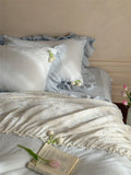 Qfdian French Lace Ruffles Princess Wedding Bedding Set Pure Cotton Double Layer Yarn Soft Duvet Cover Flat/Fitted Bed Sheet Pillowcase