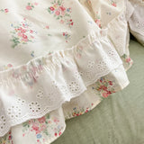 Qfdian Princess Style Lace Ruffles 100% Cotton Bedding Set Floral Pastoral Style Duvet Cover Flat/Fitted Bed Sheet Pillowcases 3/4Pcs