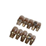 Qfdian 10 pcs Luxury Handmade Press on Nails Middle French with Rhinestone Design False Nails Wearable Manicure Nail Tips Art