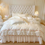 Qfdian 4Pcs Pure Cotton French Flowers Lace Ruffles Princess Wedding Bedding Set Duvet Cover Quilted Bedspread Bed Skirt Pillowcases