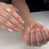 Qfdian  24pcs Press on Fake Nails Set Almond Wearable Simple French Flower False Nail Art Gold Beads Design Diamond Manicure Tips
