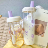 Qfdian  Original Design Purple Bow Water Cup With Straw Cute Coffee Bubble Milk Tea Plastic Cup Large Capacity Students Water Bottle New