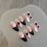 Qfdian Handmade Y2k Star False Nails Black Pink Almond Press On Nails Wearable Fake Nails Nail Art Tips Reusable Artificial Manicuree A