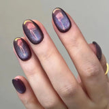 Qfdian  24pcs Cat Eye Chrome Press on Nails Short Almond Acrylic Fake Nails with Colorful Design Full Cover Aurora Glitter False Nails