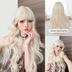 Qfdian 28Inch Blonde Platinum Golden Lolita Synthetic Wigs With Bang Long Wavy Hair Wig for Women Cosplay Daily Use Heat Resistant