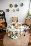 Qfdian Green Leaves Print Round Tablecloth Cotton Linen Boho Table Cloth with Tassels for Kitchen Restaurant Christmas Party Decoration