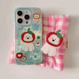 Qfdian Cute 3d red fruit puppy stand holder cover for iphone 15 pro max 13pro 14pro 15pro 12 14 13 summer shiny blue motting phone case