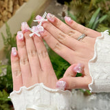 Qfdian  10pcs Sweet Pink Plaid Press on Nails Heart Butterfly False Nails French Bowknot Nail Cute Coffin Handmade Fake Nails for Girls